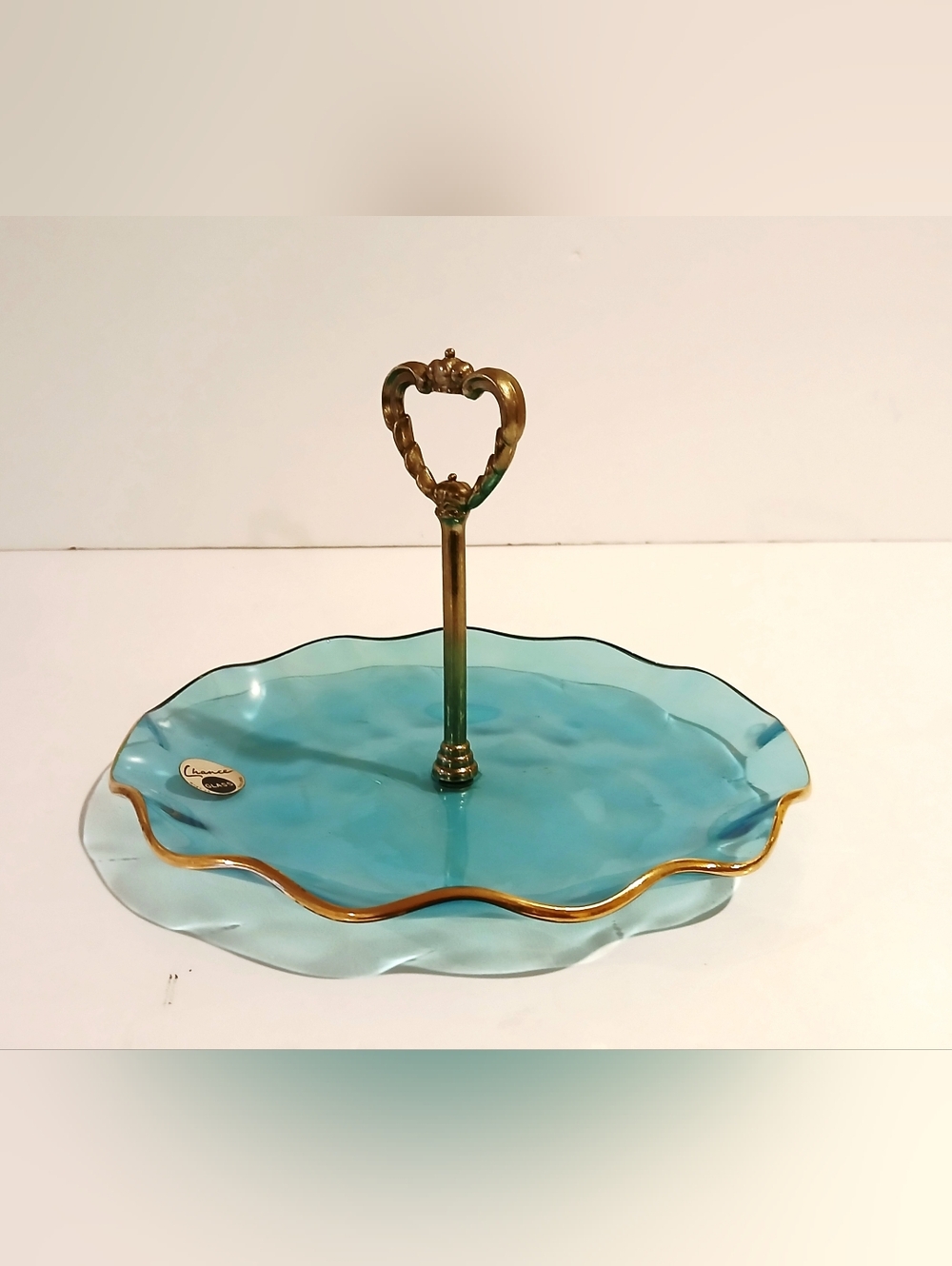 Vintage Blue Chase Glass Heart Handle Tidbit Dish